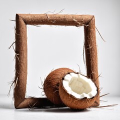 Coconut frame on grey background with copy space
