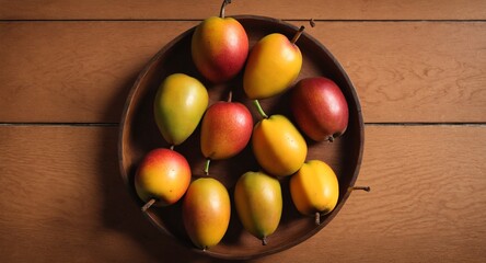 Fresh ripe mango fruits on wooden table. Top view