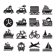 Naklejka premium Vector glyph pictograms of travel, logistics, public transit concepts, car, train, bus, bicycle, boat, and airplane black silhouette illustration.