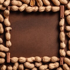 Peanuts on wooden table. Frame form copy space. Top view flat lay