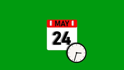 May month 24 date calendar icon illustration. Calendar sign with clock icon background 4k resolution.