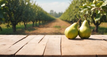 Pear fruits on wooden table, field garden in background.