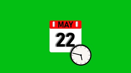 May month 22 date calendar icon illustration. Calendar sign with clock icon background 4k resolution.