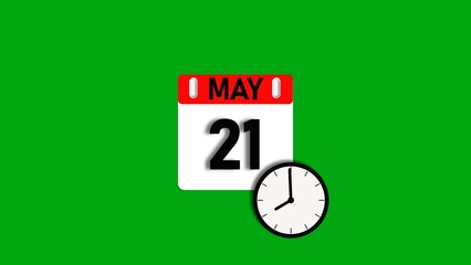 May month 21 date calendar icon illustration. Calendar sign with clock icon background 4k resolution.