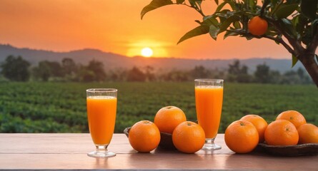 Fresh oranges and orange juice glass on table, garden in background.