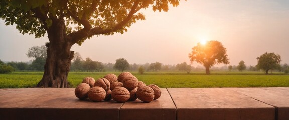 Walnuts on wooden table, garden orchard background. Healthy produce, agriculture. Autumn harvesting. AI generated