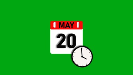 May month 20 date calendar icon illustration. Calendar sign with clock icon background 4k resolution.