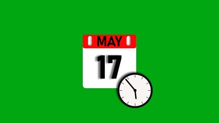 May month 17 date calendar icon illustration. Calendar sign with clock icon background 4k resolution.