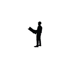 Silhouette of a site engineer holding blueprint scroll on white background