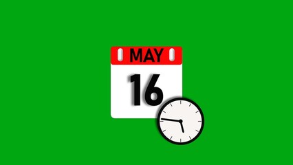 May month 16 date calendar icon illustration. Calendar sign with clock icon background 4k resolution.