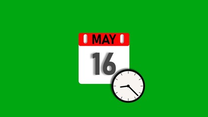 May month 16 date calendar icon illustration. Calendar sign with clock icon background 4k resolution.