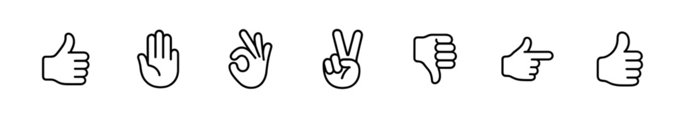 Obraz premium Hand gesture outline icon set. thumbs up, peace signs, and more outline collection
