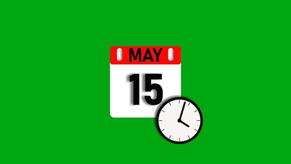 May month 15 date calendar icon illustration. Calendar sign with clock icon background 4k resolution.