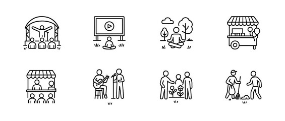 Community activity outline icon set. social events, teamwork symbols outline collection