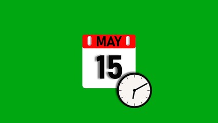 May month 15 date calendar icon illustration. Calendar sign with clock icon background 4k resolution.