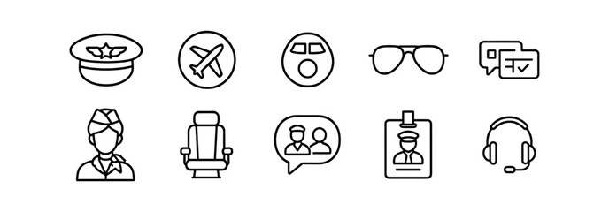 Fototapeta premium Aviation, travel line icon set. airline, pilot, headset, flight icons outline collection