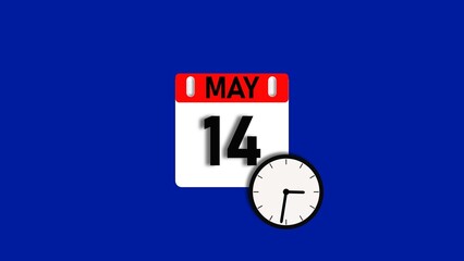 May month 14 date calendar icon illustration. Calendar sign with clock icon background 4k resolution.