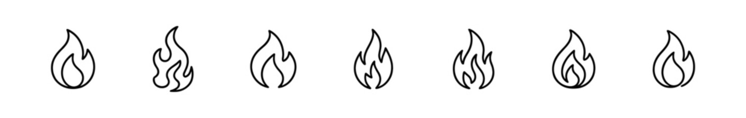 Fire, flame line icon set. burning, heat, energy icons in line art style collection