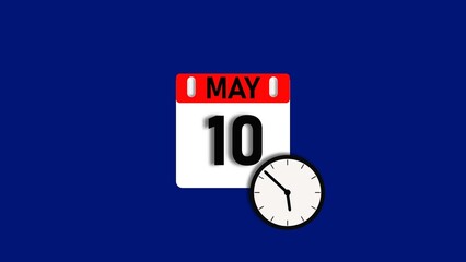 May month 10 date calendar icon illustration. Calendar sign with clock icon background 4k resolution.