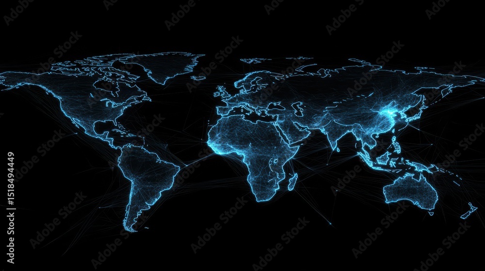 Poster blue digital world map with glowing network lines and data points, ideal for global communication an