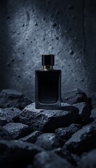 Luxury Black Perfume Bottle Mockup on Rocks – Dark Elegant Theme
