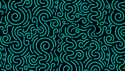 Abstract teal swirls and lines seamless pattern on black background