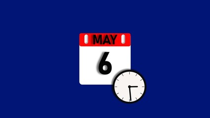 May month 6 date calendar icon illustration. Calendar sign with clock icon background 4k resolution.