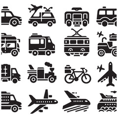  Vector glyph pictograms of travel, logistics, public transit concepts, car, train, bus, bicycle, boat, and airplane black silhouette illustration.