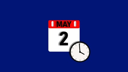 May month 2 date calendar icon illustration. Calendar sign with clock icon background 4k resolution.