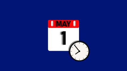 May month 1 date calendar icon illustration. Calendar sign with clock icon background 4k resolution.