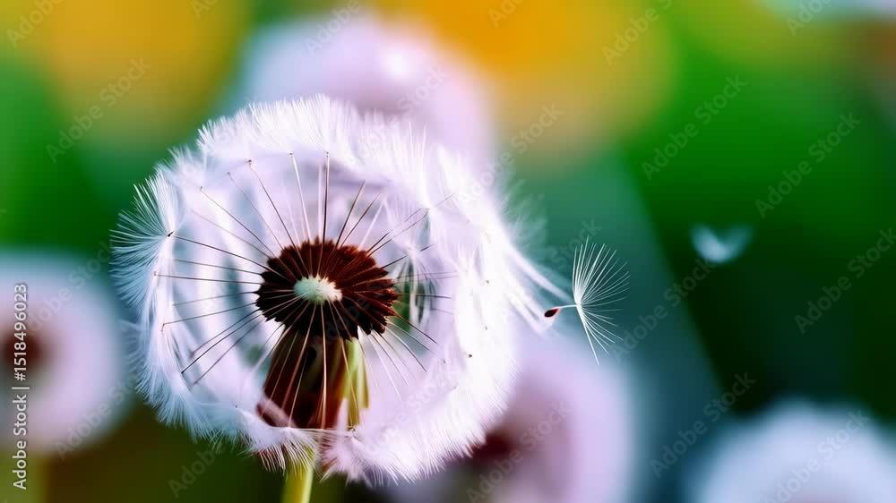 Poster dandelion seed head with seeds blowing in the wind against a blurred colorful background in a field 