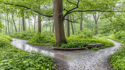 Fork in the road wet forest path
