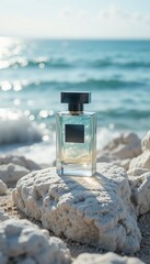 elegant transparent perfume bottle mockup design with beach background