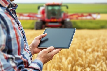 Man using tablet in wheat field with blurred red tractor in background, realistic style, outdoor rural setting. Concept of smart farming. Ai generative