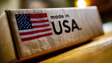 Box with USA flag label rests on shipping table, marking domestic manufacturing origin