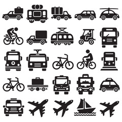  Vector glyph pictograms of travel, logistics, public transit concepts, car, train, bus, bicycle, boat, and airplane black silhouette illustration.