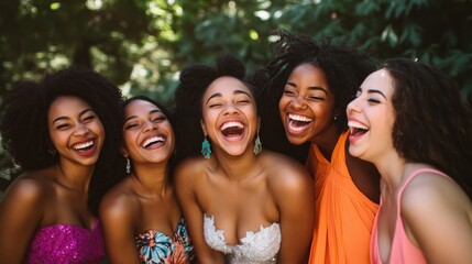 Fototapeta premium Group of diverse women laughing outdoors.