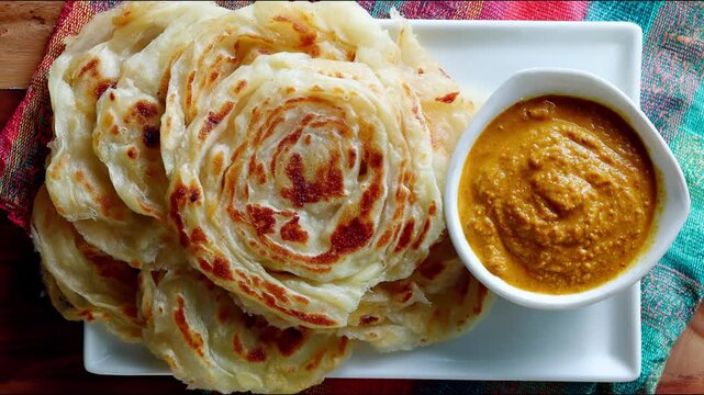 Delicious Indian Parotta served with a savory dip.
