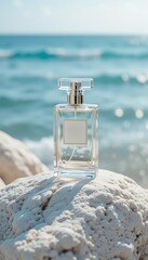 elegant transparent perfume bottle mockup design with beach background