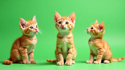 curious orange kitten turns head towards camera multiple angles bright green screen