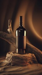black wine bottle mockup design with sand and old wood background
