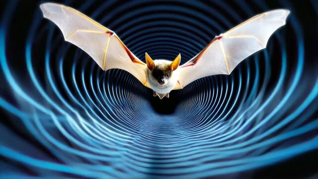 Bat emits echolocation waves, visible sonar rings spreading through the night air around the flying mammal