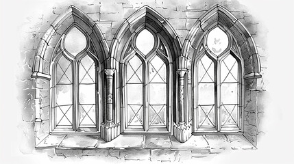 A black and white architectural drawing shows a stone Gothic-style window with three arched openings. The illustration is likely being submitted as content to a stock image website.