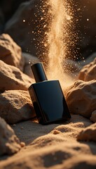 perfume mockup design on brown sand with rock background