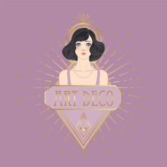 Art Deco design template with elegant flapper girl, geometric shapes, and decorative elements in dusty rose and gold tones. Perfect for invitations, fashion branding, events, or digital decor.