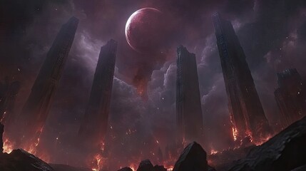 A desolate landscape of towering structures amidst a fiery twilight.