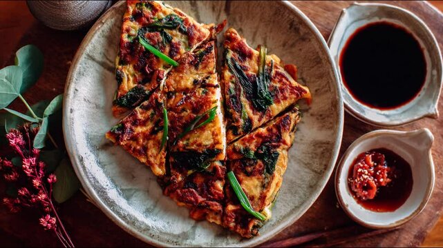 A visually appealing overhead shot of a delectable savory pancake, elegantly served on a textured plate with accompanying dipping sauces.