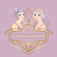 Art Deco design template with elegant flapper girl, geometric shapes, and decorative elements in dusty rose and gold tones. Perfect for invitations, fashion branding, events, or digital decor.