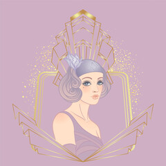 Art Deco design template with elegant flapper girl, geometric shapes, and decorative elements in dusty rose and gold tones. Perfect for invitations, fashion branding, events, or digital decor.