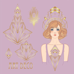 Art Deco design template with elegant flapper girl, geometric shapes, and decorative elements in dusty rose and gold tones. Perfect for invitations, fashion branding, events, or digital decor.